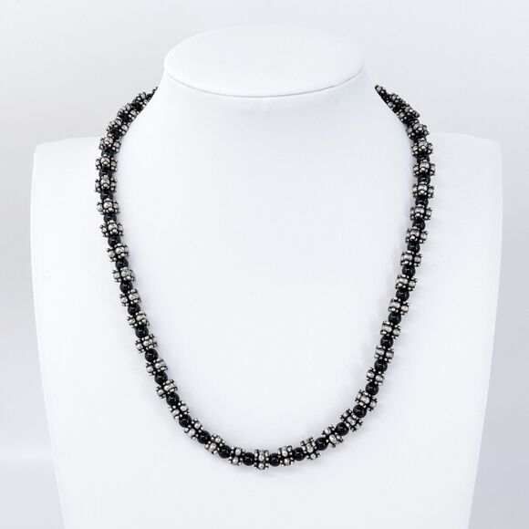Vintage Sterling Silver 925 Black Onyx Beaded Necklace 16” - Picture 1 of 4